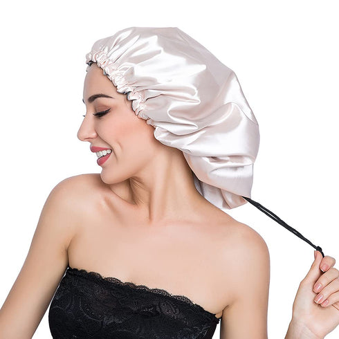 Stain Bonnet Adjustable Satin Sleep Cap, Reversible Double Layer X-Large Size in Champagne/Grey