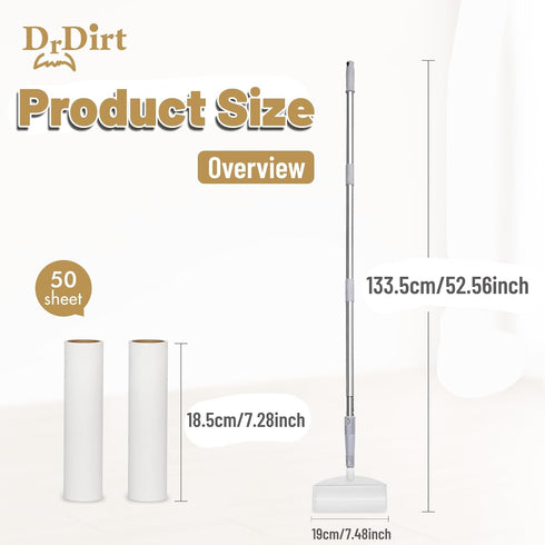 DrDirt 2-in-1 Floor Lint Roller, 7.4-Inch Sticky Rollers with 50 Sheets/Roll, Long Handle for Cleaning Carpets