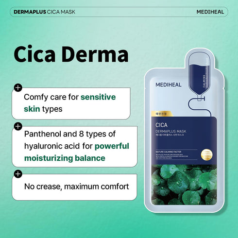 Mediheal Dermaplus Cica Mask (10 Counts) - Vegan Daily Mask for Calming Skin with Panthenol & Hyaluron