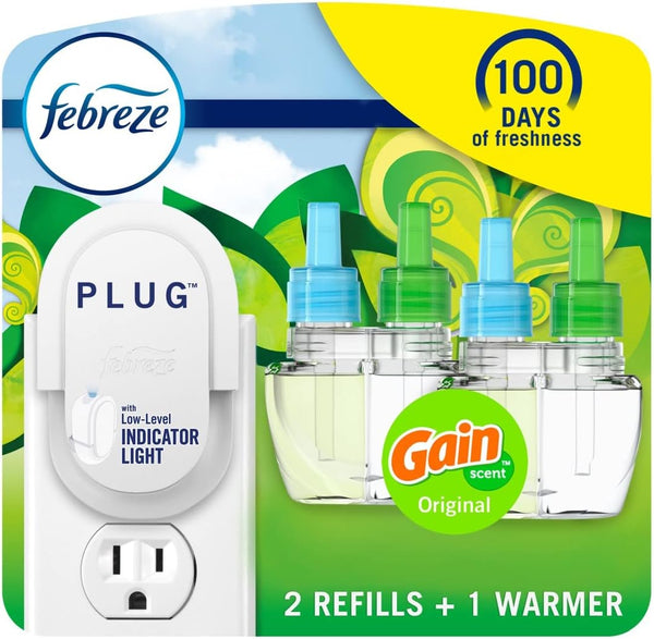 Febreze Plug In Air Fresheners for Home, Gain Scent, Odor Fighter, 1 Warmer + 2 Oil Refills