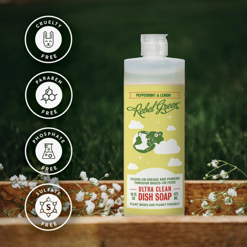 Rebel Green Super Deluxe Dish Soap - Natural Liquid Dish Detergent Scented with Peppermint & Lemon (16 oz, 1 Pack)