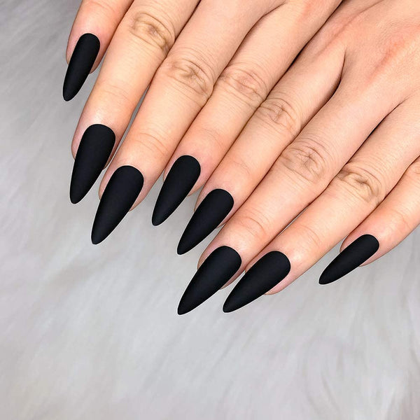 Morily 24pcs Fake Nails Matte Pure Color Medium Long Stiletto Almond Press on Nail Tips for Women (Black)