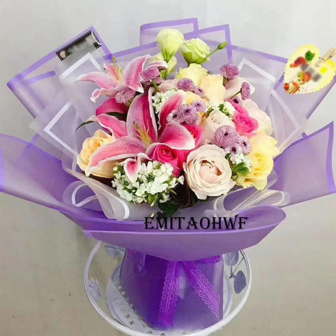 EMITAOHWF 20-Sheet Purple Flower Wrapping Paper with Purple Edge, Waterproof for DIY Craft, Gift Packaging
