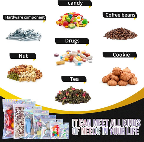 100 Pack Resealable Mylar Bags, Smell Proof Aluminum Foil Ziplock Pouches for Candy, Jewelry, Holographic Rainbow Color