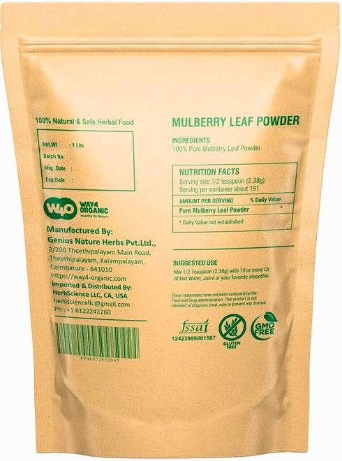 WAY 4 ORGANIC W4O Mulberry Mulberry 2 Lb(2 Packs 1lb) Way4Organic Leaf Powder - Leaf Extract- All-Natural Raw Herb