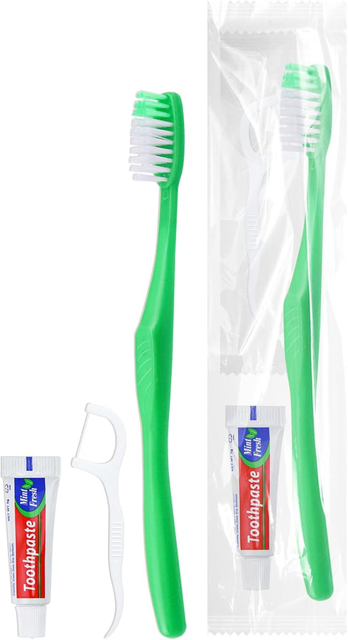 Disposable Toothbrushes with Toothpaste - 200Pcs Green Individually Wrapped Travel Toothbrushes and Dental Floss Kit