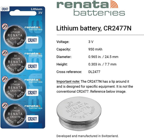 Renata Coin Cell Battery CR2477 Lithium Replaces DL2477, CR2477 (10 Pcs)