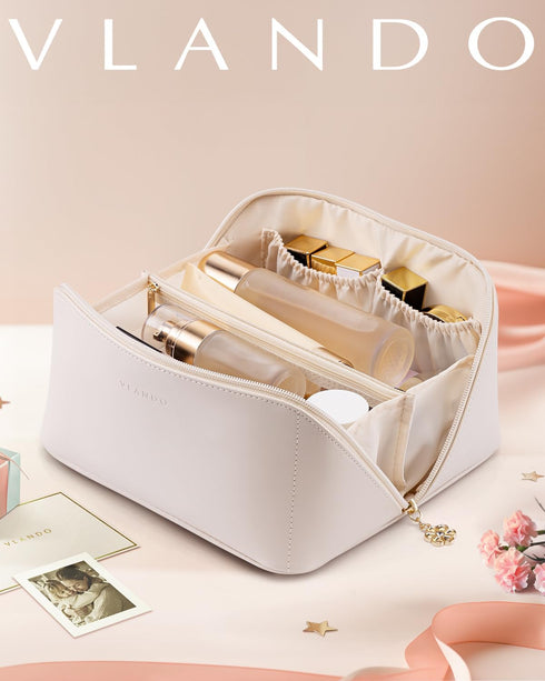 Vlando Travel Makeup Bag, White PU Leather Portable Organizer with Divider and Handle, Toiletry Bag for Women