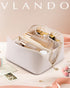 Vlando Travel Makeup Bag, White PU Leather Portable Organizer with Divider and Handle, Toiletry Bag for Women