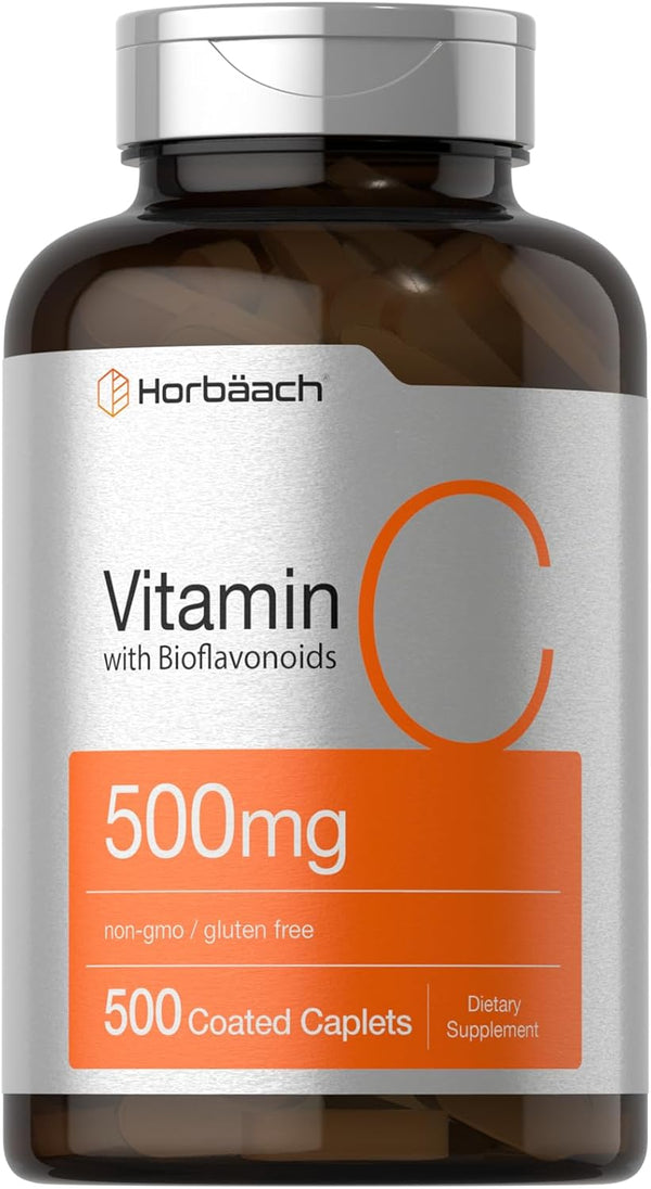 Horbaach Vitamin C 500mg | with Bioflavonoids | 500 Coated Caplets | Vegetarian, Non-GMO, Gluten Free