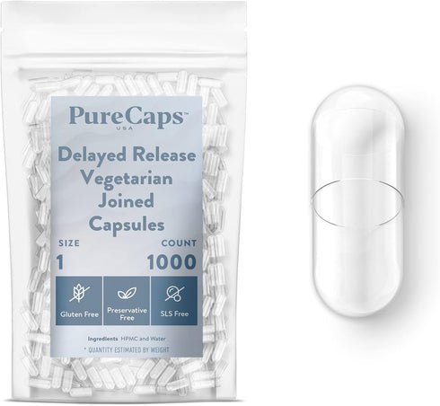 PureCaps USA Empty Vegetarian Vegan Pill Capsules Size 1, 1,000 Joined Pills, White, Non-GMO Certified