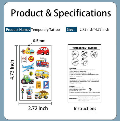 Monster Truck Temporary Tattoos, 180Pcs (20 sheets) for Kids Birthday Party Supplies, Various Vehicle Designs