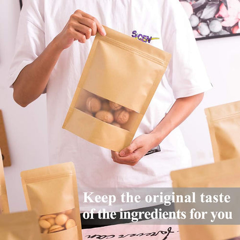 Resealable Brown Paper Stand Up Pouches with Window, 50Pcs 5.5"x7.8" Zip Lock Coffee Packaging, Kraft Candy Bags for