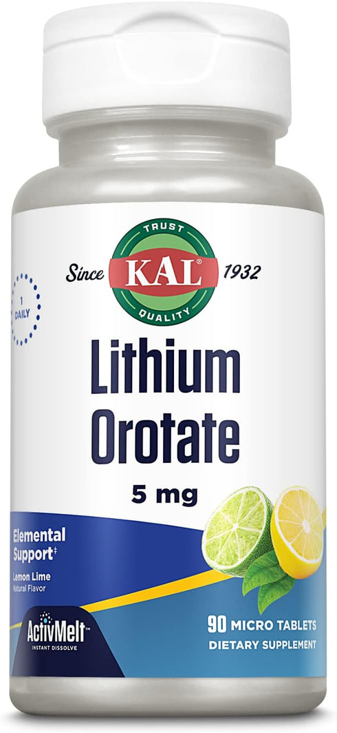KAL Lithium Orotate ActivMelt 90 Micro Tablets, 5mg for Healthy Mood Support, Natural Lemon Lime Flavor