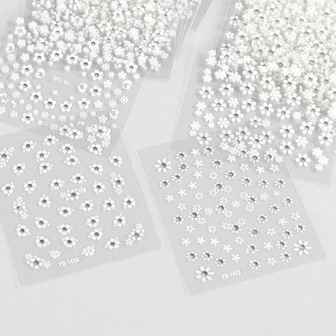 30 Sheets White Flower Nail Art Stickers, 3D Self Adhesive Designs with Rhinestones for Nail Decorations