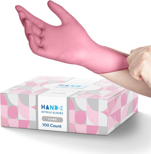 Hand-E Touch Pink Nitrile Disposable Gloves for Esthetician, Nail Tech, and Cleaning Use