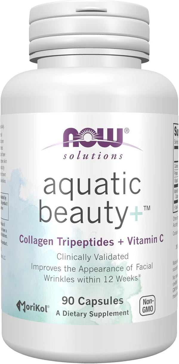 NOW Solutions Aquatic Beauty+ Capsules, 60 Capsules | Marine Collagen and Vitamin C Supplement for Youthful Skin*
