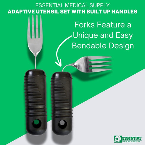 Set Essential Medical Supply Adaptive Utensil with Built Up Handles - Bendable Fork, Spoon, and Rocker Knife with Large
