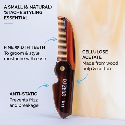 ZEUS Folding Mustache Comb for Men - Handmade Saw-Cut Pocket Comb for Beard & Moustache Grooming (Traditional) K11