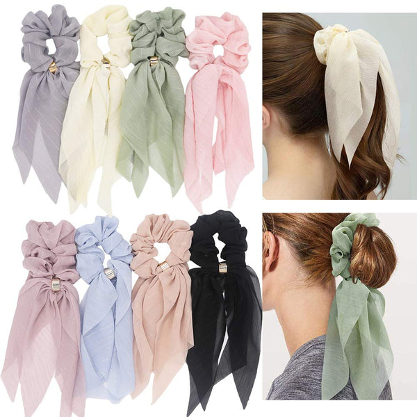 Scarf Hair Ties for Women, 8 Pcs Double Layer Bow Scrunchies, Cute Bunny Ear Bow Scrunchies with Assorted Colors