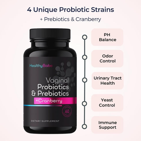Immune 60 Healthy Babe Vaginal Probiotics for Women + Prebiotics & Cranberry Pills, pH Balance, Healthy Odor, Yeast