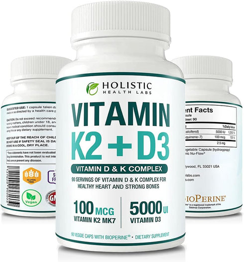 Max Absorption Vitamin K2 + D3 (5000IU) 90 Veggie Capsules from MK-7 and Cholecalciferol for Healthy Heart and Strong