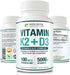 Max Absorption Vitamin K2 + D3 (5000IU) 90 Veggie Capsules from MK-7 and Cholecalciferol for Healthy Heart and Strong