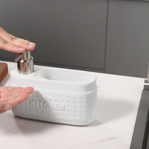 White Ceramic Dish Detergent Dispenser for Kitchen Sink, 21 oz Large Capacity with Sponge Holder