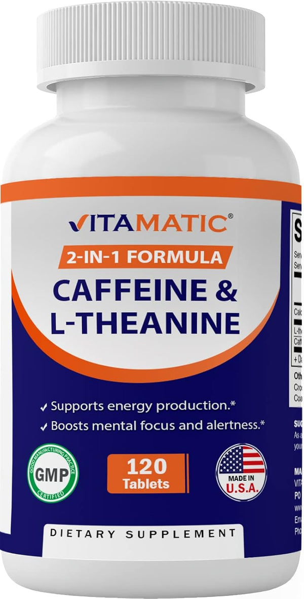 Vitamatic L-Theanine 200mg with Caffeine 100mg, 120 Vegetarian Tablets Nootropic Supplement for Focused Energy & Clarity