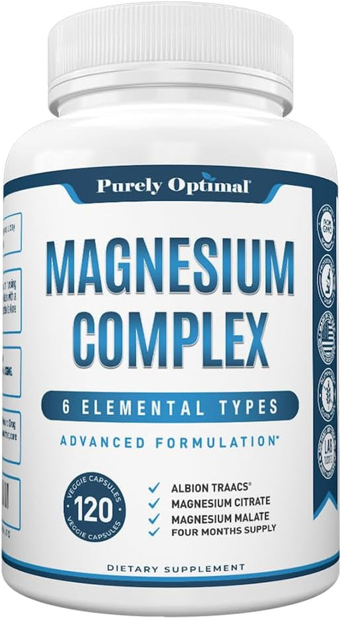 Purely Optimal Magnesium Complex - High Absorption 6 Forms Magnesium for Sleep Support, Stress Relief, 120 Capsules