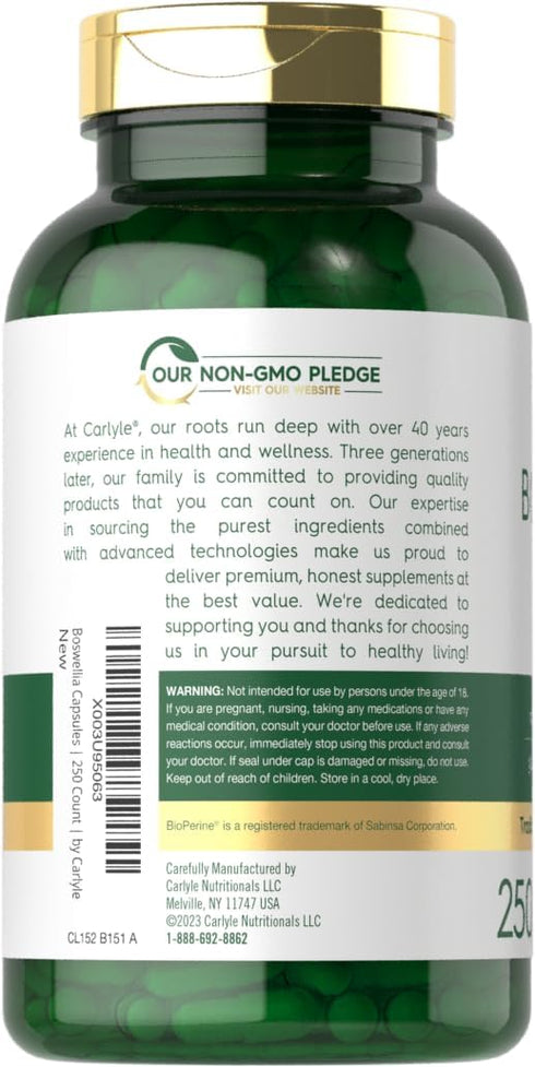 Carlyle Boswellia Extract Capsules 1200mg - 250 Count, Non-GMO, Gluten Free, Boswellia Serrata Complex
