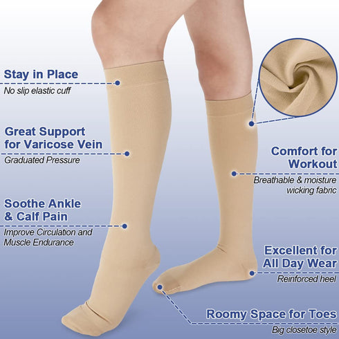 Beister Closed Toe Knee High Calf Compression Socks, 20-30 mmHg Support for Varicose Veins, Beige, X-Large