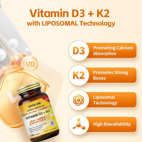 Vitamin D3 + K2 with LIPOSOMAL Technology - 5000iu Vitamin D3 & 100mcg Vitamin K2 as MK-7 - 180 Softgels