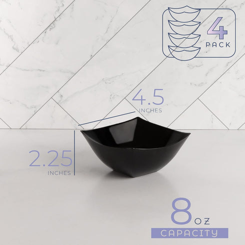 PLASTICPRO Disposable Square Serving Bowls, 8 OUNCE, Black Pack of 4, Party Snack or Salad Bowl
