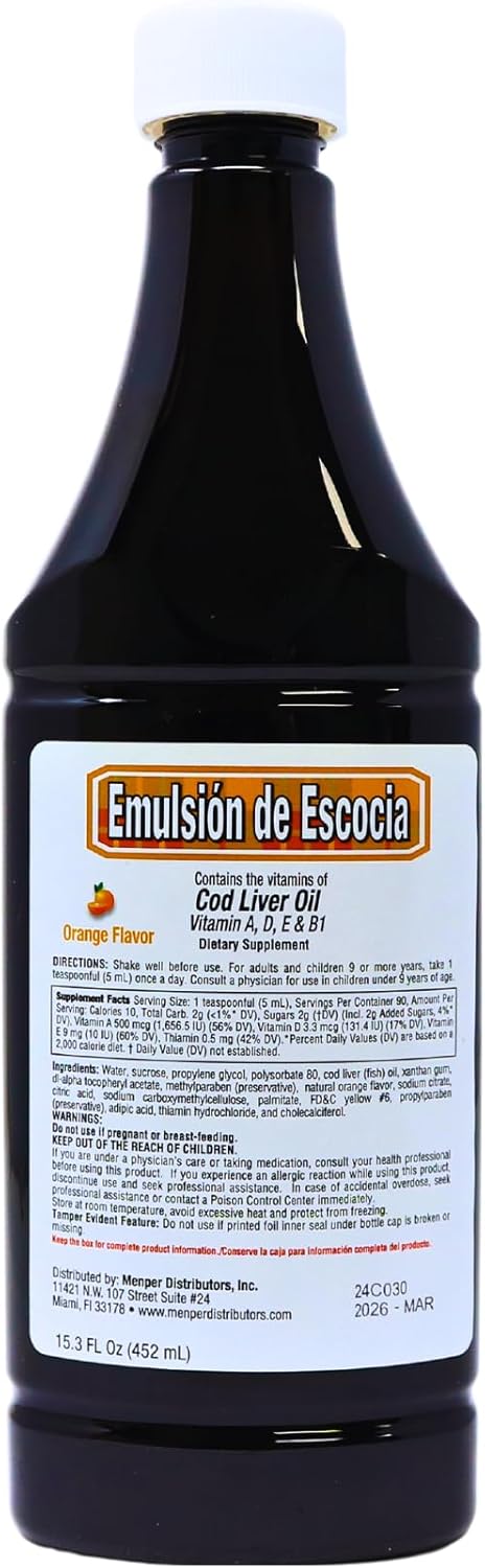 EMULSION DE ESCOCIA Cod Liver Oil, Dietary Supplement, Vitamins A, B1, D, E, Orange Flavor (15.3 Fl Oz)