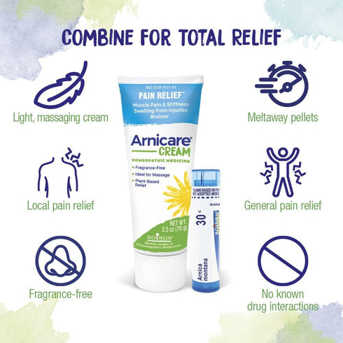 Boiron Arnicare Cream and Arnica 30c Value Pack - Pain Relief for Muscle Soreness & Swelling - 2.5 oz + 80 Pellets