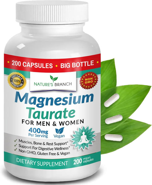 Magnesium Taurate 400mg, 200 Capsules, High Absorption for Sleep, Heart Health, Joint Supplement for Women and Men