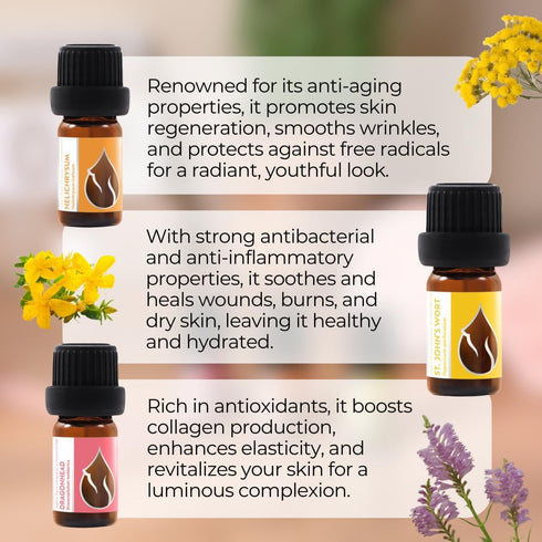 Set 100% (3 5 ml) Glowing Skin Organic Essential Oils | Helichrysum + Moldavian Dragonhead + St. John's Wort | Pure