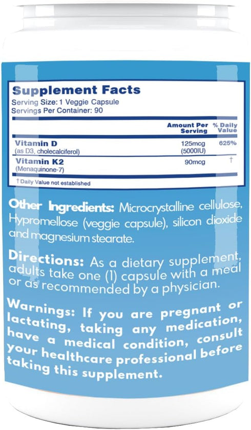 VAL Essentials Vitamin K2 + D3 Supplement, 5000 IU D3 & 90 mcg K2 MK-7, Non-GMO, 90 Vegetarian Capsules