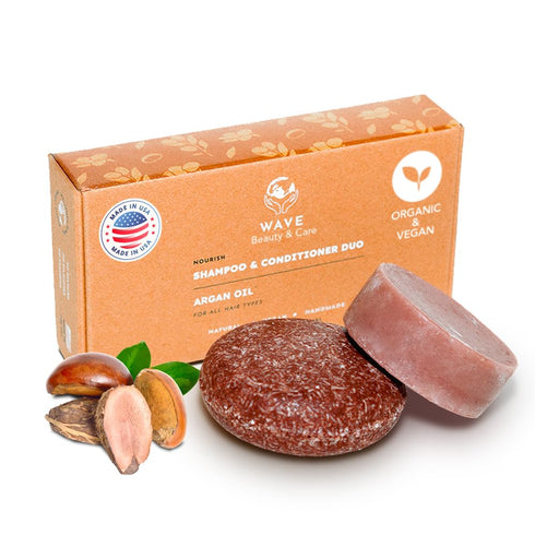 Wave Argan Oil Shampoo Bar & Conditioner Bar Set - Handmade Moisturizing Solid Bars for All Hair Types - Vegan &
