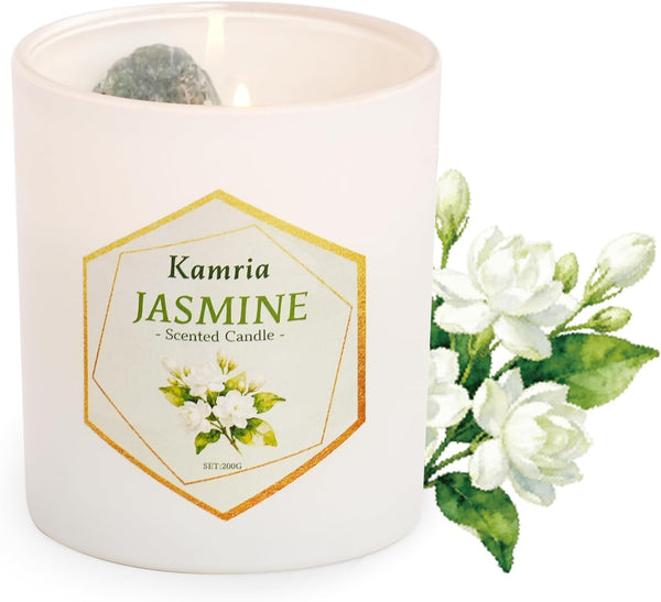Kamria Jasmine Scented Candle with Crystals Inside, Natural Soy Wax Aromatherapy with Green