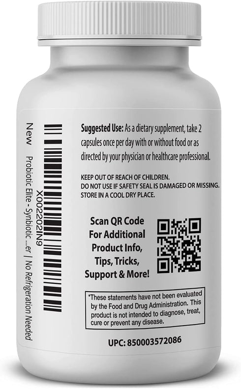 Probiotic Elite – Synbiotic with FOS + Supernatant, 60 vcaps, 20 Billion CFU Digestive Support, No Refrigeration Needed