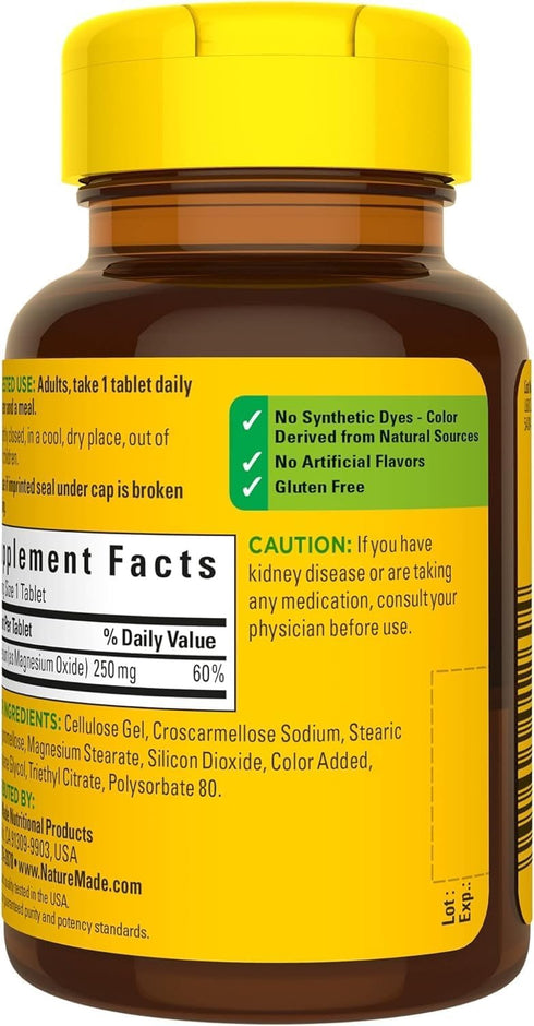 Nature Made Magnesium Oxide 250 mg, Dietary Supplement for Muscle, Heart, Bone and Nerve Health Support, 100 Tablets, 100 Day Supply (Pack of 2)