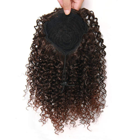 Short Afro Kinky Curly Ponytail Hair Piece for Women, Synthetic Extension in Mix Dark Brown (1B/33#)