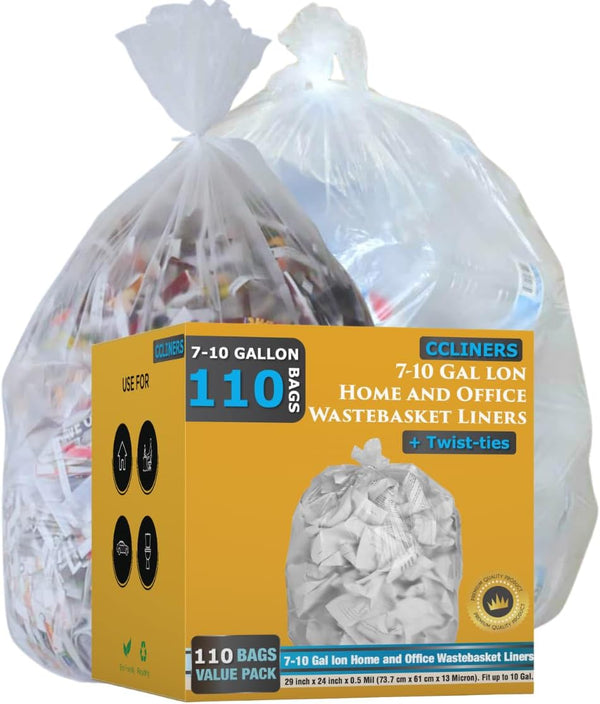 7-10 Gallon Clear Garbage Bags, 110 Bags, 29" x 24" Extra Large Medium Kitchen Trash Can Liners for Home and Office