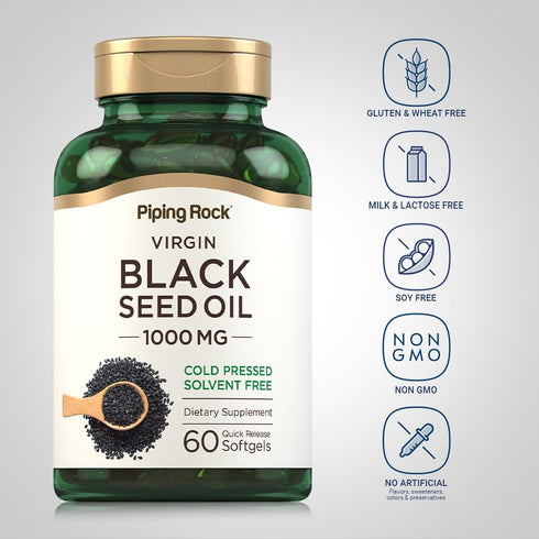 Piping Rock Black Seed Oil Pills | 1000mg | 60 Softgels | Cold Pressed, Non-GMO, Gluten Free Supplement
