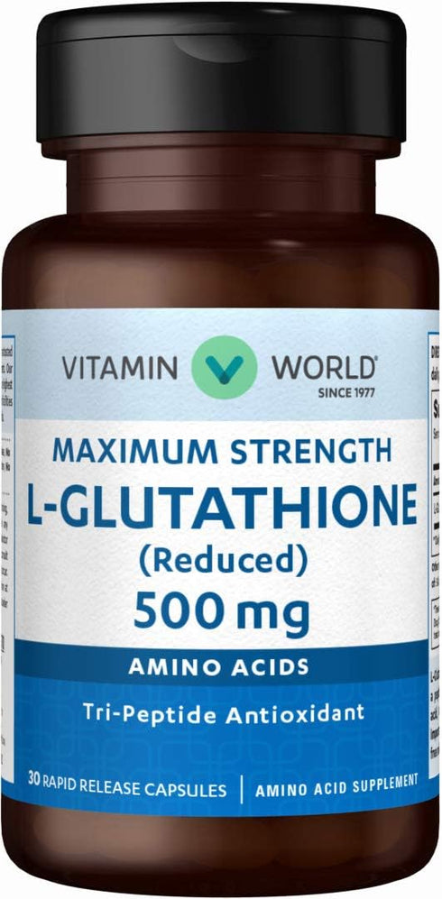 Vitamin World L-Glutathione 500 mg Reduced - 30 Capsules for Antioxidant Support, Rapid-Release, Gluten Free