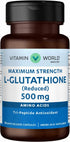 Vitamin World L-Glutathione 500 mg Reduced - 30 Capsules for Antioxidant Support, Rapid-Release, Gluten Free