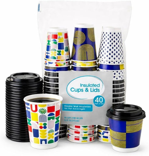 K3M 12 oz Insulated Hot Cups with Lids, 40 Count, Disposable Coffee Cups