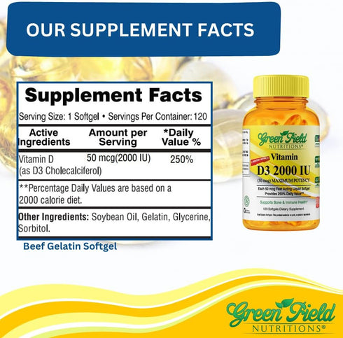 Greenfield Nutritions Halal Vitamin D3 2000 IU Softgel - 50 mcg High Potency D3, 120 Unflavored Mini Softgels